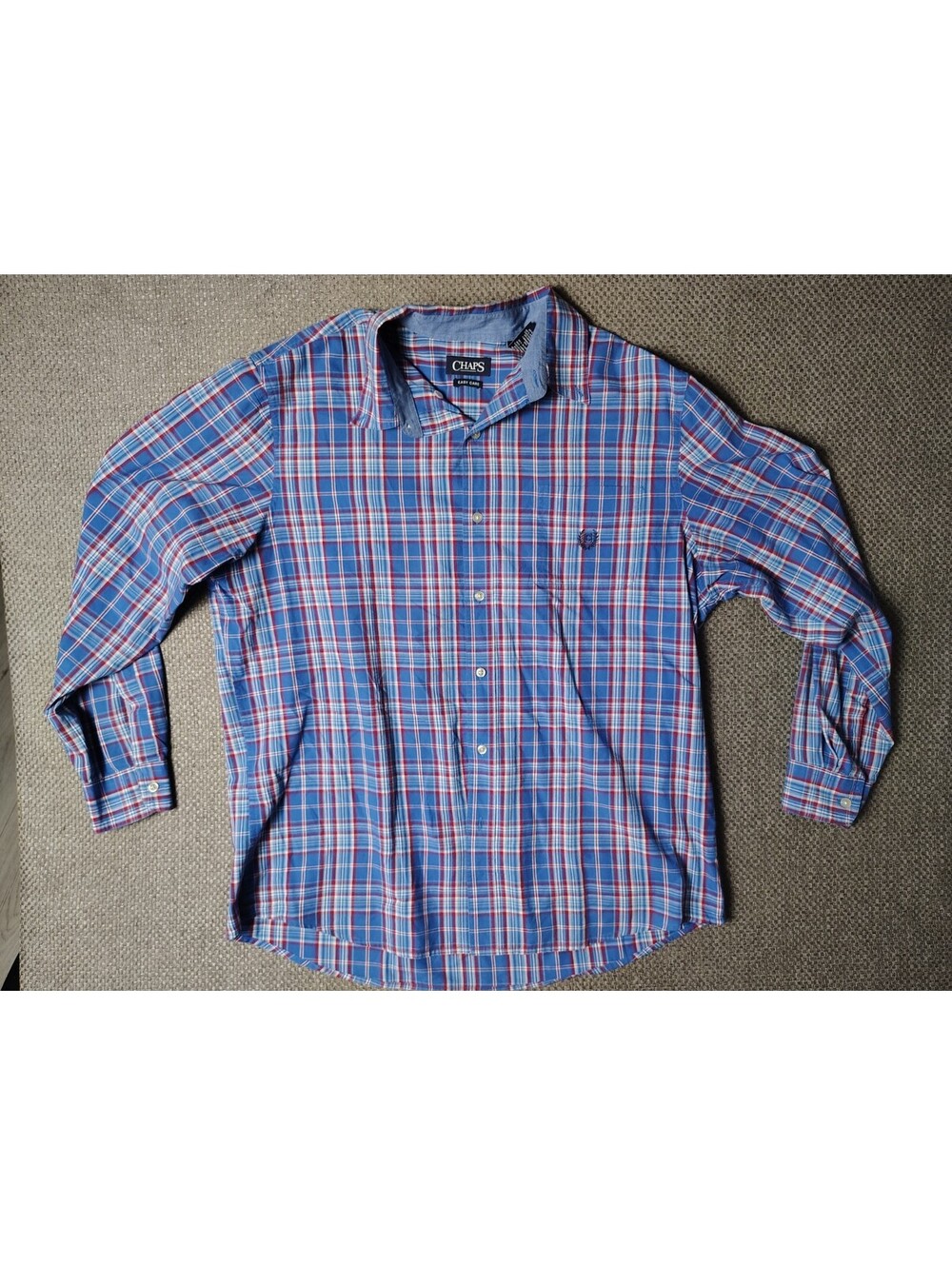 Chaps Shirt Mens XL Extra Large Blue Red Plaid Easy Care Long Sleeve Pocket